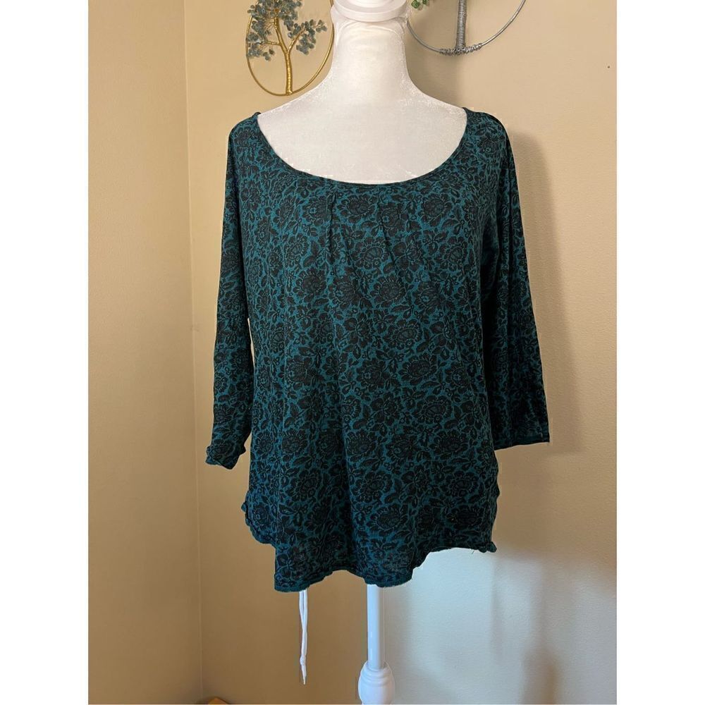 Lucky Brand Dark Teal Blackfloral Print 3/4 Sleeve Tee Small